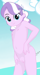 Size: 3234x6060 | Tagged: explicit, artist:dtavs.exe, diamond tiara, banned from derpibooru, bird, cloud, cropped, edit, equestria girls, female, imported from twibooru, lolicon, looking at you, nipples, nude beach, nudity, seagull, skinny dipping, solo, solo female, underage, vulva, water
