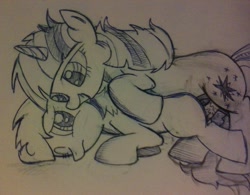 Size: 945x738 | Tagged: explicit, artist:funkyfreshraymo, scootaloo, twilight sparkle, dildo, doubleheaded dildo, female, foalcon, g4, imported from derpibooru, lesbian, mare on filly, sex toy, strapon, twilight is a foal fiddler, vaginal secretions