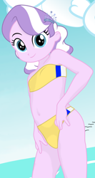 Size: 3234x6060 | Tagged: safe, artist:dtavs.exe, diamond tiara, silver spoon, banned from derpibooru, bird, clothes, cloud, cropped, edit, equestria girls, female, glasses, imported from twibooru, lolicon, panties, seagull, swimsuit, thong, tube top, two-piece swimsuit, underage, underwear, water