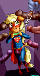 Size: 1593x2978 | Tagged: explicit, grimdark, artist:anibaruthecat, applejack, anthro, applesub, banned from derpibooru, chain, collar, crying, female, femsub, glory hole, grinding, imported from twibooru, kryptonite, leash, lolicon, nudity, penis, rape, sex, signature, submissive, supermare, underage, vaginal secretions