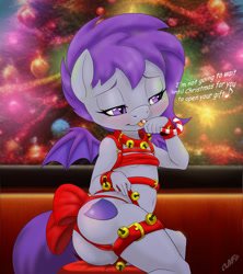 Size: 1067x1200 | Tagged: questionable, artist:miniferu, oc, oc:silverlight, anthro, ass, banned from derpibooru, bat pony, bat wings, bedroom eyes, bell, belly button, belts, bow, breasts, butt, cameltoe, candy, candy cane, christmas, christmas ornament, christmas tree, collar, commission, cub, decoration, delicious flat chest, female, food, harness, holiday, imported from twibooru, indoors, licking, lolicon, presenting, ribbon bikini, signature, singing, small breasts, solo, stool, tack, tail bow, tongue out, tree, underage, underboob, wings, wristband, ych result, your character here