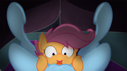 Size: 1280x720 | Tagged: explicit, artist:jakejoke, rainbow dash, scootaloo, blushing, cunnilingus, drool, female, female pov, foalcon, g4, imported from derpibooru, lesbian, mare on filly, nudity, pov, ship:scootadash, shipping, somnophilia, tent, vagina, vulva