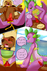 Size: 1333x2000 | Tagged: explicit, grimdark, artist:saurian, spike, oc, comic:sunny connection, anal, anthro, banned from derpibooru, beach, bikini, clothes, comic, crossdressing, erection, exhibitionism, femboy spike, gay, girly, imported from twibooru, knot, male, nudity, penetration, penis, public, public sex, rape, riding, sex, sex on the beach, shotacon, swimsuit, underage