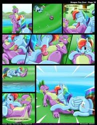 Size: 1165x1500 | Tagged: explicit, artist:kitsuneyoukai, rainbow dash, spike, comic:dragon you over, anus, blowjob, blushing, comic, dragon, foalcon, g4, imported from derpibooru, nudity, on back, oral, penis, sex