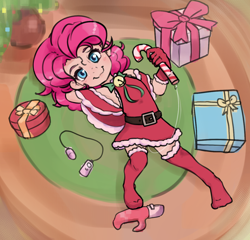 Size: 1469x1412 | Tagged: explicit, artist:ratiodaze, pinkie pie, banned from derpibooru, candy, candy cane, christmas, clothes, costume, dildo, dress, female, food, holiday, human, humanized, imported from twibooru, lolicon, present, santa costume, sex toy, solo, solo female, underage, vaginal secretions, vibrator