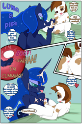 Size: 2000x3000 | Tagged: explicit, artist:saurian, princess luna, comic:luna & pip!, age difference, anal, anal fingering, anthro, ass, balls, banned from derpibooru, bend over, blushing, boop, butt, cum, cum on body, cum on horn, cumming, curved horn, facial, female, femdom, fingering, foreskin, futa, futa princess luna, handjob, hentai quotes, horn, human penis, hybrid penis, imminent pegging, implied futa, imported from twibooru, intersex, lunapip, male, mare on colt, masturbation, nudity, penis, pipsqueak, prostate, prostate boop, prostate massage, sex, sharp horn, shipping, shotacon, straight, straight shota, underage