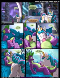 Size: 1165x1500 | Tagged: explicit, artist:kitsuneyoukai, princess celestia, spike, comic:dragon you over, age difference, alicorn, blowjob, canterlot, comic, crotchboobs, dragon, duo, duo male and female, female, foalcon, g4, imported from derpibooru, interspecies, male, mare, nipples, nudity, oral, penis, pony, sex, ship:spikelestia, shipping, straight, surprise sex, the ride never ends, vagina, vaginal secretions, wake up sex, wingless spike