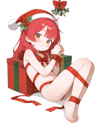 Size: 2560x3200 | Tagged: questionable, apple bloom, ai composition, ai content, banned from derpibooru, barefoot, belly button, blushing, butt, christmas, christmas presents, feet, female, full body, hat, holiday, holly, human, humanized, imported from twibooru, lolicon, looking at you, mistletoe, naked ribbon, present, ribbon, santa hat, simple background, sitting, solo, sweat, sweatdrop, tied up, underage, white background