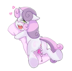 Size: 1000x978 | Tagged: explicit, artist:kuromozuku, sweetie belle, anal beads, anal insertion, anus, blushing, butt, dildo, female, filly, foal, foalcon, g4, hug, imported from derpibooru, insertion, masturbation, nudity, pillow, pillow hug, pixiv, plot, pony, sex toy, simple background, solo, solo female, unicorn, vagina, vaginal insertion, vaginal secretions, vulva, white background