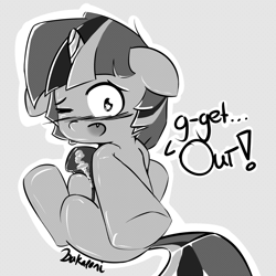 Size: 1000x998 | Tagged: explicit, artist:bakaponi, twilight sparkle, blushing, dialogue, foalcon, futa, futa twilight sparkle, g4, imported from derpibooru, intersex, monochrome, nudity, penis, solo, solo futa