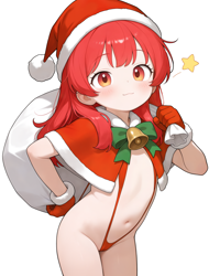 Size: 2048x2560 | Tagged: questionable, apple bloom, :3, ai composition, ai content, bag, banned from derpibooru, bell, belly button, bikini, blushing, bowtie, cameltoe, capelet, christmas, christmas costume, clothes, cowboy shot, female, fur trim, gloves, hat, holding, holiday, human, humanized, imported from twibooru, lolicon, looking at you, santa hat, simple background, sling bikini, slingshot bikini, solo, standing, stars, swimsuit, underage, white background