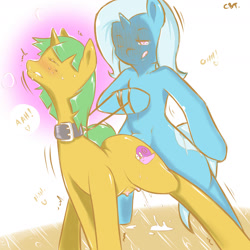 Size: 1800x1800 | Tagged: explicit, artist:cold-blooded-twilight, blushing, bondage, collar, crotchboobs, cum, doggy style, duo, foalcon, futa, futa on female, futa trixie, g4, imported from derpibooru, intersex, leash, nipples, nudity, pony, rule 63, sex, ship:trails, snails, spice, sweat, trixie, unicorn