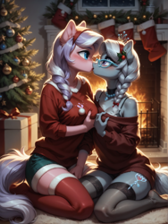 Size: 1320x1760 | Tagged: questionable, diamond tiara, silver spoon, ai content, ai generated, anthro, banned from derpibooru, christmas, christmas decoration, christmas sweater, christmas tree, clothes, decoration, duo, female, grope, heavy petting, holiday, imported from twibooru, kissing, lesbian, lolicon, prompter:wolferin, shipping, silvertiara, sweater, tree, underage, young