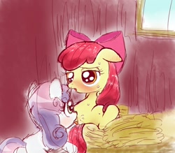 Size: 1280x1120 | Tagged: explicit, artist:momo, apple bloom, sweetie belle, cunnilingus, female, foalcon, g4, imported from derpibooru, lesbian, ship:sweetiebloom, sweet apple acres, tongue out