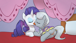 Size: 1920x1080 | Tagged: explicit, artist:ponchuzn, rarity, silver spoon, anus, bed, butt, duo, duo female, earth pony, eyes closed, female, filly, foal, foalcon, french kiss, g4, imported from derpibooru, kissing, lesbian, mare, mare on filly, nudity, on bed, plot, pony, saddle, saddle skirt, sexy saddle, ship:rarispoon, tongue out, unicorn, vagina