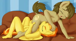 Size: 1280x698 | Tagged: explicit, artist:fearingfun, oc, oc:chocolate chips, anthro, banned from derpibooru, barefoot, blowjob, canon x oc, commission, couch, deepthroat, eyes closed, facefuck, feet, female, firechips, imported from twibooru, male, masturbation, nipples, nudity, open mouth, oral, penis, plantigrade anthro, sex, shipping, shotacon, spitfire, straight, straight shota, underage, younger