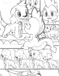Size: 1280x1656 | Tagged: explicit, artist:tricksta, spike, anal, anus, canine penis, collar, comic, dog, doggy dragondox, equestria girls, foalcon, g4, gay, imported from derpibooru, interspecies, magic mirror, male, mirror, monochrome, nudity, penis, self paradox, self ponidox, selfcest, ship:spikespike, shipping, spike the dog, wip