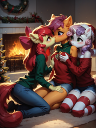 Size: 1320x1760 | Tagged: questionable, apple bloom, scootaloo, sweetie belle, ai content, ai generated, anthro, banned from derpibooru, christmas, christmas decoration, christmas sweater, christmas tree, clothes, cmc threesome, cutie mark crusaders, decoration, earth pony, female, grope, heavy petting, holiday, imported from twibooru, kissing, lesbian, lolicon, pegasus, polyamory, prompter:wolferin, scootabelle, scootabloom, shipping, sweater, sweetiebloom, sweetiebloomaloo, tree, trio, underage, unicorn, young