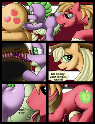 Size: 980x1268 | Tagged: explicit, artist:cobramcjingleballs, applejack, spike, comic:crazy mares, age difference, analingus, anus, big macintosh, bisexual, bisexual male, butt, comic, cunnilingus, dragon, dragon on pony action, earth pony, female, foalcon, g4, gay, genitals, group sex, imported from derpibooru, interspecies, male, male on male analingus, nudity, oral, penis, pony, pony on dragon action, semi-incest, sex, ship:applespike, ship:spikentosh, shipping, stallion, stallion on dragon, straight, threesome, trio, vagina, wingless spike, x-ray
