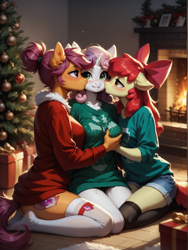 Size: 1320x1760 | Tagged: questionable, apple bloom, scootaloo, sweetie belle, ai content, ai generated, anthro, banned from derpibooru, christmas, christmas decoration, christmas sweater, christmas tree, clothes, cmc threesome, cutie mark crusaders, decoration, earth pony, female, grope, heavy petting, holiday, imported from twibooru, kissing, lesbian, lolicon, pegasus, polyamory, prompter:wolferin, scootabelle, scootabloom, shipping, sweater, sweetiebloom, sweetiebloomaloo, tree, trio, underage, unicorn, young