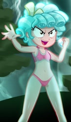 Size: 542x926 | Tagged: suggestive, artist:charliexe, ai generated, banned from derpibooru, belly button, bikini, bra, clothes, cozy glow, crystal, equestria girls, equestria girls-ified, evil grin, female, g4, grin, imported from twibooru, lolicon, open mouth, open smile, panties, pink bikini, smiling, solo, solo female, swimsuit, swimsuit edit, thong, thunder, tree, underage, underwear
