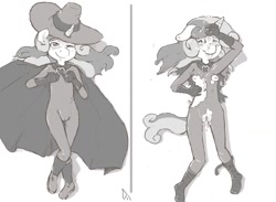 Size: 1200x880 | Tagged: explicit, artist:darkminou, sweetie belle, aftersex, anthro, breasts, bukkake, clothes, costume, cum, female, foalcon, g4, implied straight, imported from derpibooru, mare do well, monochrome, nipples, nudity, on back, plantigrade anthro, simple background, small breasts, solo, solo female, sweetie do well, torn clothes, vulva, white background