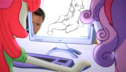 Size: 1256x720 | Tagged: explicit, apple bloom, spike, sweetie belle, autofellatio, balls, blowjob, chris hansen, computer, edit, edited screencap, equestria girls, exploitable meme, foalcon, g4, human, human penis, imported from derpibooru, meme, my little pony equestria girls, nudity, oral, penis, porn, screencap, the crusaders browse the internet