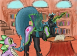 Size: 1000x729 | Tagged: questionable, queen chrysalis, spike, twilight sparkle, anthro, artist needed, ass, blushing, book, breasts, butt, changeling, female, foalcon, g4, golden oaks library, hypnosis, imported from derpibooru, library, male, nipples, nudity, shapeshifting, ship:chryspike, straight
