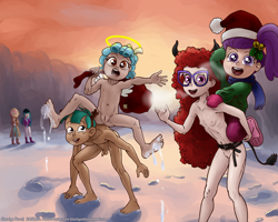 Size: 1500x1201 | Tagged: explicit, artist:smudge proof, angel, banned from derpibooru, belly button, child, christmas, clothed female nude male, clothed male nude male, cozy glow, equestria girls, exhibitionism, female, halo, hat, holiday, human, humanized, imported from twibooru, juniper montage, krampus, lily pad (g4), lolicon, male, public nudity, recording, santa hat, shotacon, snails, soles, twist, underage, vignette valencia