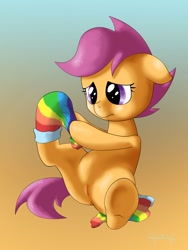 Size: 1500x2000 | Tagged: explicit, artist:shoroch, scootaloo, anus, clothes, female, foalcon, g4, imported from derpibooru, nudity, rainbow socks, socks, solo, solo female, striped socks, underhoof, vagina