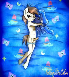 Size: 1700x1873 | Tagged: explicit, artist:anibaruthecat, princess luna, anibaruthecat bed, anthro, balls, banned from derpibooru, bed, briefs, clothes, female, imported from twibooru, lunapip, male, nudity, one eye closed, penis, pipsqueak, plushie, reasonably sized genitals, shipping, shotacon, smiling, solo, solo male, straight, underage, underwear, wink