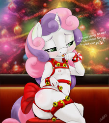 Size: 1200x1350 | Tagged: questionable, artist:miniferu, sweetie belle, anthro, areola, ass, banned from derpibooru, bedroom eyes, bell, belly button, belts, bow, breasts, butt, cameltoe, candy, candy cane, christmas, christmas ornament, christmas tree, clothes, collar, commission, decoration, delicious flat chest, exposed breasts, female, food, holiday, horn, imported from twibooru, licking, lolicon, my little pony, nipples, nudity, panties, presenting, ribbon bikini, signature, singing, solo, stool, tail bow, text, thong, tongue out, tree, underage, underwear, unicorn, ych result, your character here