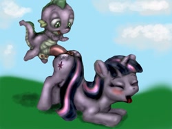 Size: 800x600 | Tagged: explicit, artist:funimal, spike, twilight sparkle, anus, balls, blushing, creampie, cum, dragon, dragon ball, female, foalcon, g4, imported from derpibooru, interspecies, male, nudity, penis, puckered asshole, sex, ship:twispike, shipping, straight, vagina, wat
