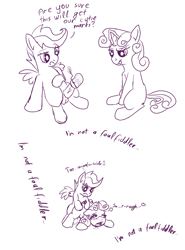 Size: 947x1280 | Tagged: explicit, artist:synad, scootaloo, sweetie belle, cum, female, foalcon, futa, futa scootaloo, g4, heart, imported from derpibooru, intersex, magic, monochrome, nudity, penis, sex, sock