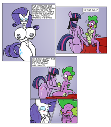Size: 1681x1920 | Tagged: explicit, artist:nessvii, rarity, spike, twilight sparkle, comic:friends with benefits, anthro, ass, balls, banned from derpibooru, big breasts, blindfold, blushing, breasts, busty rarity, busty twilight sparkle, butt, cleavage, comic, female, friends with benefits, handjob, huge breasts, imported from twibooru, male, nipples, nudity, penis, plantigrade anthro, shipping, shotacon, sideboob, snickering, straight, straight shota, thighlight sparkle, thighs, thunder thighs, twibutt, twispike, underage, vulva, wide hips