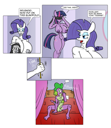 Size: 1895x2188 | Tagged: explicit, artist:nessvii, rarity, spike, twilight sparkle, comic:friends with benefits, anthro, balls, banned from derpibooru, belly button, big breasts, blindfold, blushing, breasts, busty rarity, busty twilight sparkle, comic, dialogue, female, friends with benefits, huge breasts, imported from twibooru, male, nipples, nudity, penis, plantigrade anthro, shipping, shotacon, straight, straight shota, twispike, underage, vulva, wide hips