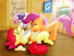 Size: 1024x768 | Tagged: questionable, artist:jabbie64, apple bloom, scootaloo, sweetie belle, clubhouse, cmc threesome, crusaders clubhouse, cutie mark crusaders, female, foalcon, food, g4, ice cream, imported from derpibooru, lesbian, on back, ship:sweetiebloomaloo, shipping, source needed