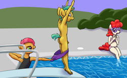 Size: 1386x854 | Tagged: explicit, artist:ragingsemi, babs seed, anthro, ass, assisted exposure, bikini, butt, clothed female nude male, clothes, earth pony, exhibitionism, female, foalcon, g4, glasses, imported from derpibooru, male, nudity, one-piece swimsuit, pantsing, penis, plantigrade anthro, public, public nudity, reacting to nudity, ship:snailstwist, shipping, snails, straight, swimming pool, swimsuit, twist, undressing, unicorn