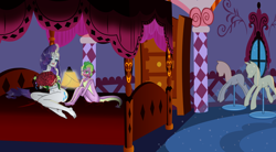 Size: 2424x1336 | Tagged: questionable, artist:misskorija, rarity, spike, anthro, banned from derpibooru, barefoot, bed, bouquet, feet, female, flower, imported from twibooru, male, mannequin, nudity, plantigrade anthro, rose, shipping, shotacon, sparity, straight, straight shota, strategically covered, teasing, underage