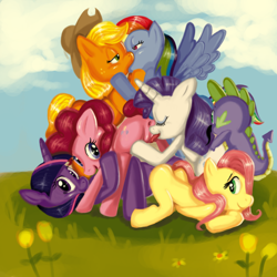 Size: 1000x1000 | Tagged: explicit, artist:d.w., applejack, fluttershy, pinkie pie, rainbow dash, rarity, spike, twilight sparkle, age difference, anus, bisexual, blank flank, butt, cunnilingus, dragon, earth pony, female, foalcon, g4, grass, group sex, imported from derpibooru, kiss on the lips, kissing, lesbian, male, mane seven, mane six, mare, moustache, nudity, omniship, orgy, pegasus, plot, pony, sex, ship:appledash, ship:raripie, ship:sparity, ship:twinkie, ship:twishy, shipping, straight, unicorn, vagina, vulva