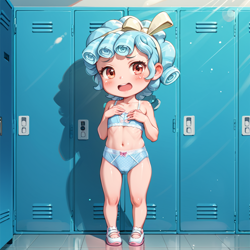 Size: 1024x1024 | Tagged: suggestive, ai content, ai generated, banned from derpibooru, belly button, bra, breasts, clothes, cozy glow, delicious flat chest, female, human, humanized, imported from twibooru, locker room, lockers, lolicon, panties, small breasts, solo, underage, underwear