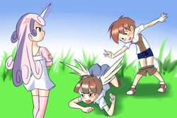Size: 1024x683 | Tagged: suggestive, artist:drantyno, sweetie belle, banned from derpibooru, clothes, edit, featherweight, horn, horned humanization, human, humanized, imported from twibooru, pipsqueak, prank, shotacon, underage, underwear, winged humanization, wings