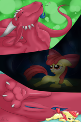 Size: 2000x3000 | Tagged: explicit, artist:liz_art, apple bloom, oc, oc:lucy the dragon, anus, bloomprey, butt, comic, dragon, dragons eating horses, drool, fetish, filly, filly prey, foal, foalcon, full tour, g4, heart, imported from derpibooru, nudity, plot, pony, preybloom, slime, vagina, vaginal secretions, vore
