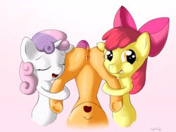 Size: 2800x2100 | Tagged: explicit, artist:shoroch, apple bloom, scootaloo, sweetie belle, anus, cutie mark crusaders, female, foalcon, g4, imported from derpibooru, nudity, presenting, vagina