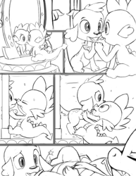 Size: 989x1280 | Tagged: explicit, artist:tricksta, spike, canine penis, cloaca, comic, dog, doggy dragondox, duality, equestria girls, foalcon, g4, gay, imported from derpibooru, magic mirror, male, mirror, monochrome, nudity, penis, selfcest, ship:spikespike, sketch, spike the dog, square crossover, wip