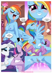 Size: 1024x1447 | Tagged: explicit, artist:bbmbbf, rainbow dash, rarity, spike, twilight sparkle, comic:my little orgy, anthro, balls, banned from derpibooru, breasts, busty rainbow dash, busty rarity, comic, cowgirl position, cum, equestria untamed, female, imported from twibooru, male, nipples, nudity, palcomix, penis, rainbowspike, sex, shipping, shotacon, straight, straight shota, underage, vaginal secretions, vulva
