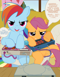 Size: 1656x2109 | Tagged: explicit, artist:tricksta, rainbow dash, scootaloo, casual masturbation, clothes, couch, duo, female, filly, foal, foalcon, g4, grammar error, imported from derpibooru, lesbian, mare on filly, masturbating together, nudity, panties, panties around legs, panties pulled down, pegasus, playstation, pony, sex toy, ship:scootadash, shipping, underwear, vagina, vaginal, vaginal secretions, vibrator, video game