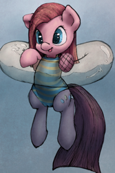 Size: 640x960 | Tagged: questionable, artist:chromaskunk, pinkie pie, cameltoe, clothes, colored, earth pony, female, filly, foal, foalcon, g4, imported from derpibooru, inner tube, one-piece swimsuit, pony, solo, solo female, swimming, swimsuit, water