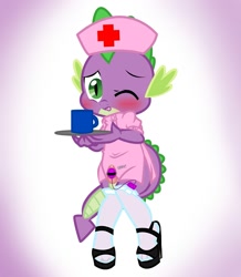 Size: 1743x2000 | Tagged: explicit, artist:pyruvate, spike, balls, clothes, crossdressing, dragon, femboy, femboy spike, foalcon, g4, high heels, imported from derpibooru, legwear, male, nudity, nurse, nurse spike, penis, sex toy, sissy, small penis, solo, solo male, thigh highs, vibrator