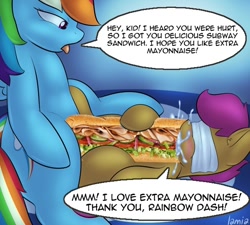 Size: 600x540 | Tagged: questionable, artist:lamia, rainbow dash, scootaloo, censored, cum, edit, female, foalcon, futa, futa on female, futa rainbow dash, g4, imported from derpibooru, intersex, mare, not porn, pegasus, pony, sandwich, ship:scootadash, shipping, subway, that's not mayonnaise